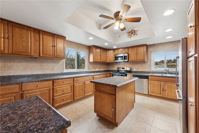 kitchen with plenty of natural light, a center island, appliances with stainless steel finishes, and a tray ceiling