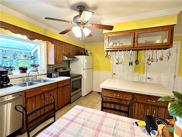 kitchen featuring ceiling fan, sink, stainless steel appliances, ventilation hood, and crown molding