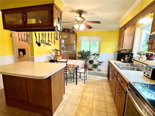 kitchen featuring a textured ceiling, ceiling fan, crown molding, and sink