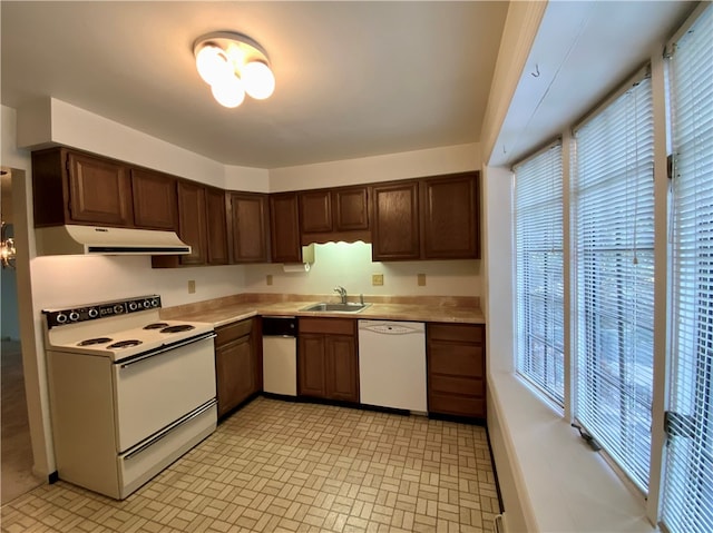 kitchen with dark brown cabinetry, white appliances, and sink