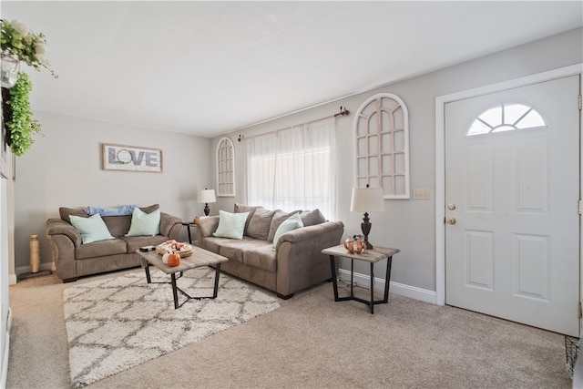 living room featuring light carpet