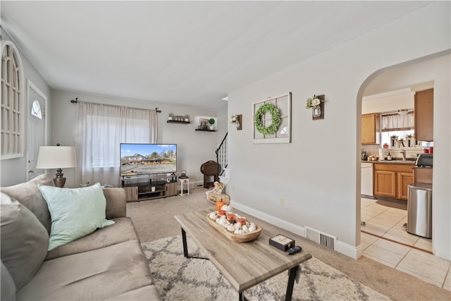 carpeted living room with a wealth of natural light and sink