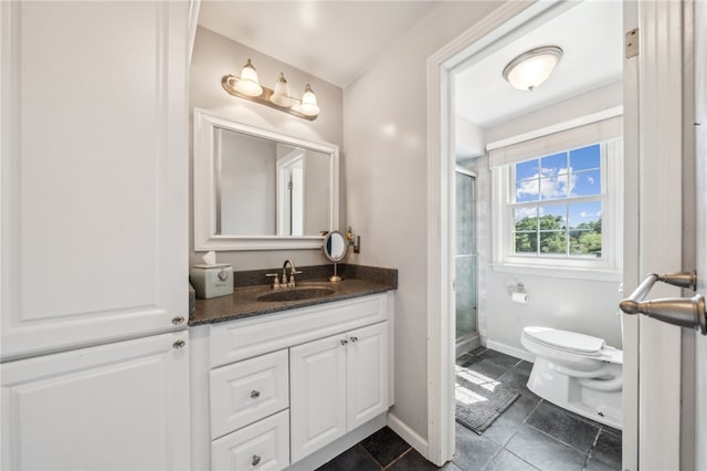 bathroom with tile patterned flooring, vanity, toilet, and walk in shower