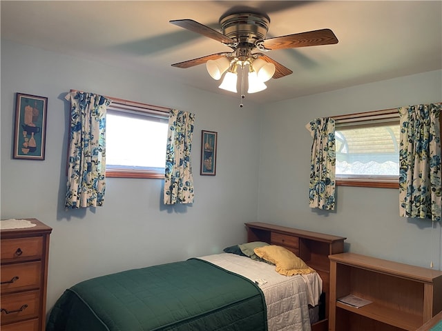 bedroom featuring ceiling fan and multiple windows