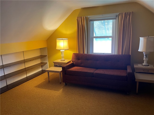 interior space featuring carpet floors and vaulted ceiling