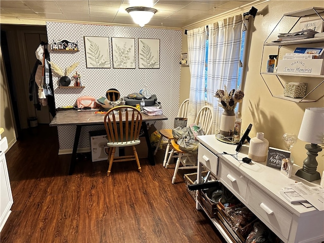 office with dark hardwood / wood-style floors and ornamental molding