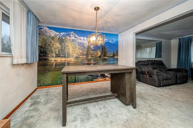 dining area featuring carpet and crown molding