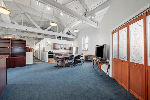 interior space featuring carpet, high vaulted ceiling, and track lighting