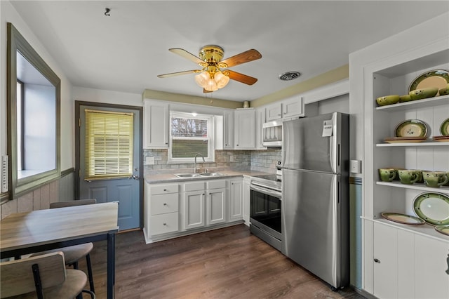 kitchen with dark wood-type flooring, sink, white cabinets, and stainless steel appliances