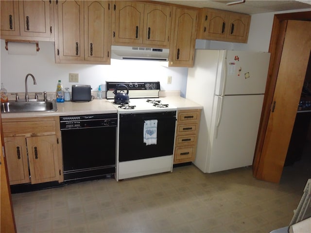 kitchen with ventilation hood, white appliances, and sink