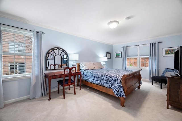 bedroom with light colored carpet, multiple windows, and ornamental molding