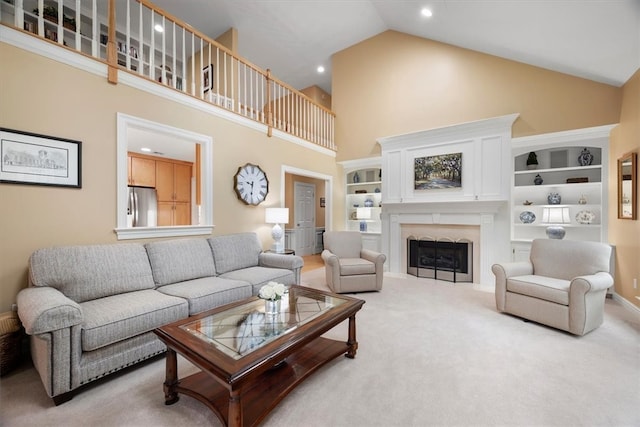 carpeted living room featuring built in features and high vaulted ceiling