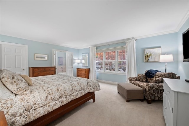 carpeted bedroom featuring crown molding