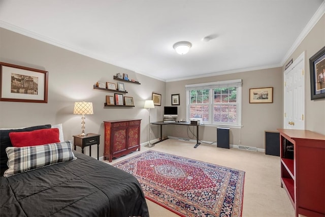 bedroom with light carpet, a closet, and crown molding