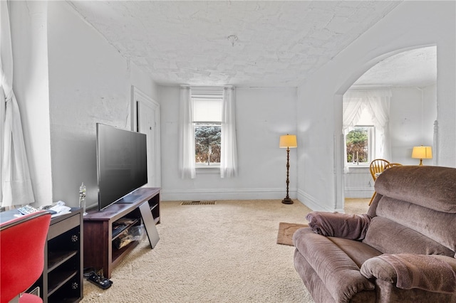 carpeted living room with a healthy amount of sunlight and a textured ceiling