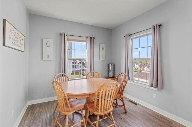 dining space with hardwood / wood-style floors and a healthy amount of sunlight