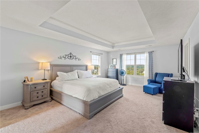 bedroom featuring light colored carpet and a tray ceiling