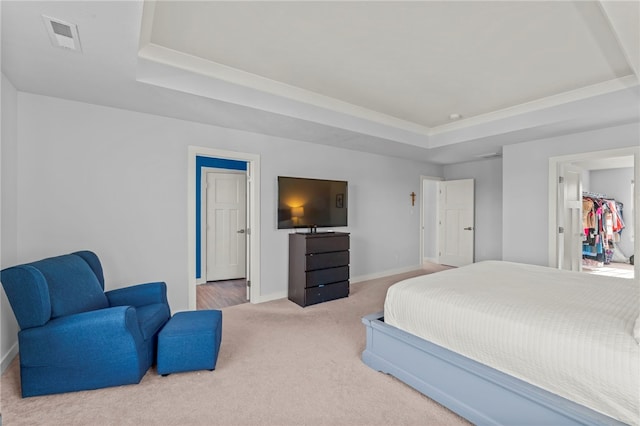 bedroom with carpet flooring, a closet, and a tray ceiling