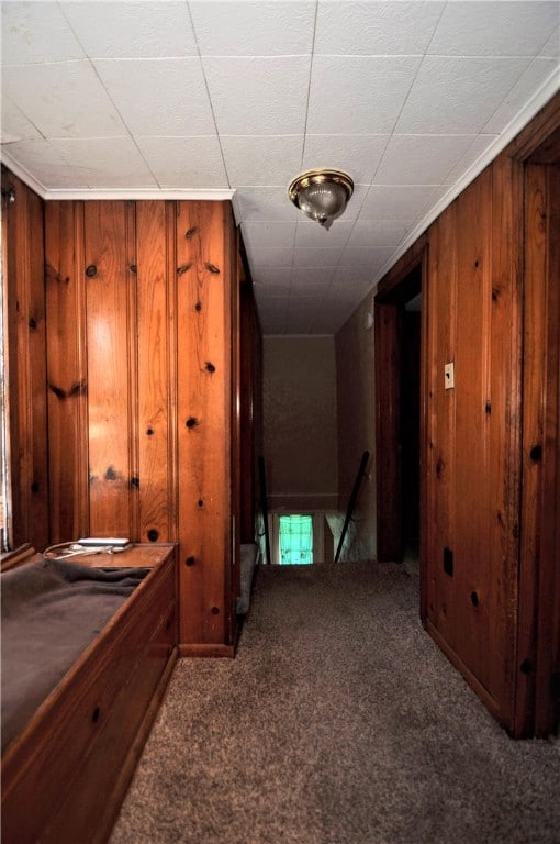 corridor with carpet and wooden walls