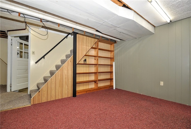 basement featuring wood walls and carpet