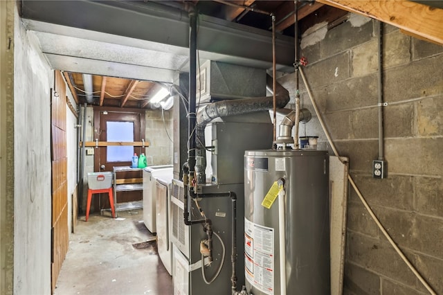 utility room with washing machine and clothes dryer and water heater