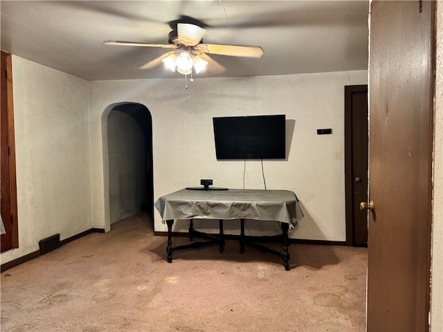 interior space featuring ceiling fan, light colored carpet, and pool table