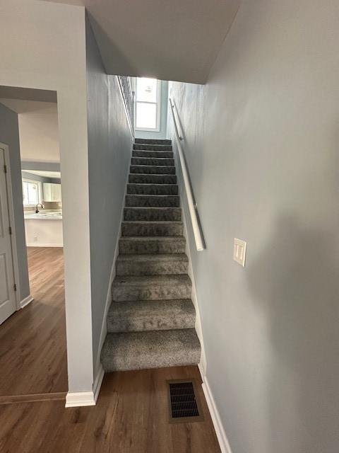 staircase featuring wood-type flooring