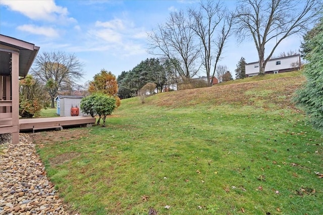 view of yard featuring a storage shed