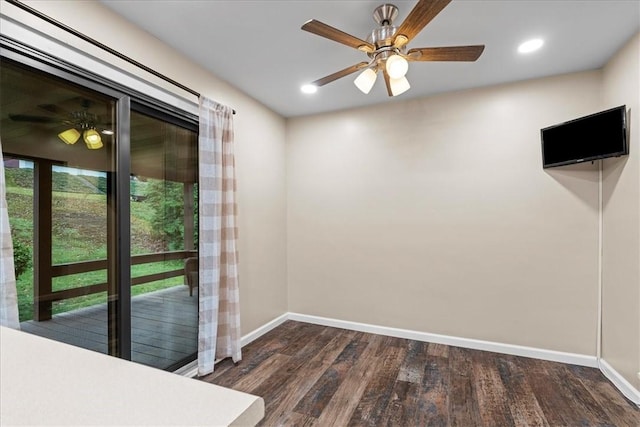 interior space featuring ceiling fan and dark wood-type flooring