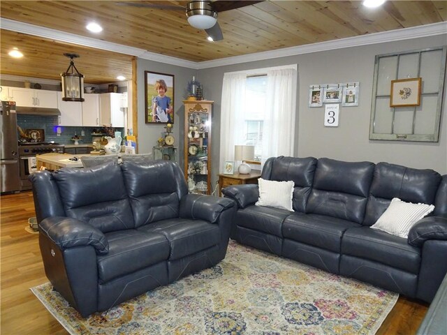 living room featuring ceiling fan, wooden ceiling, ornamental molding, and hardwood / wood-style flooring