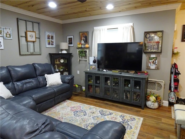 living room with wood-type flooring, wooden ceiling, and crown molding