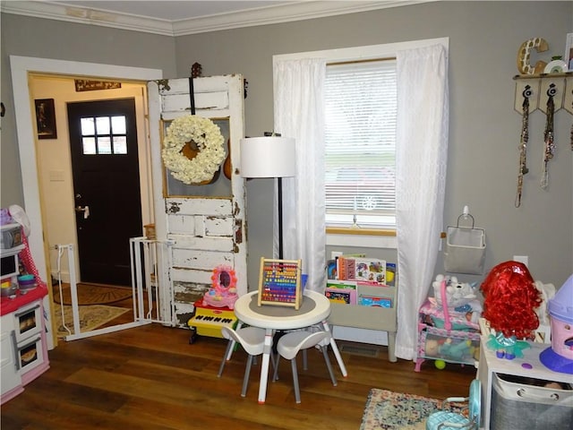 playroom featuring a healthy amount of sunlight, dark hardwood / wood-style floors, and ornamental molding