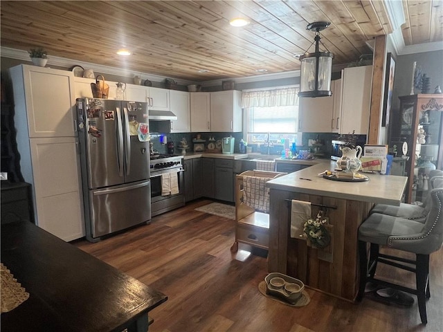 kitchen featuring hanging light fixtures, tasteful backsplash, dark hardwood / wood-style flooring, white cabinetry, and stainless steel appliances