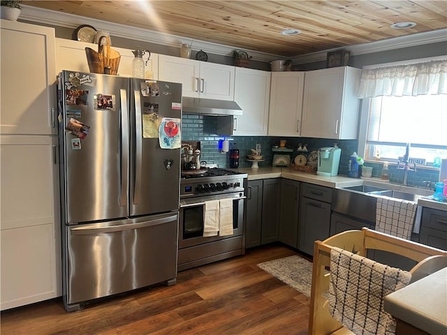 kitchen featuring white cabinetry, dark wood-type flooring, gray cabinets, wood ceiling, and appliances with stainless steel finishes