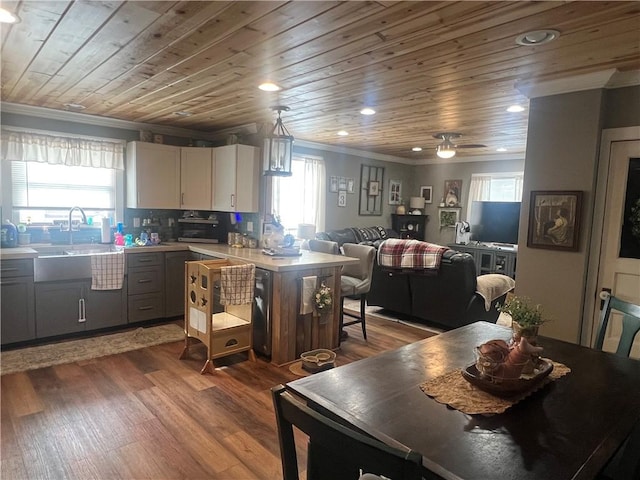 dining room featuring ornamental molding, ceiling fan, wooden ceiling, and sink