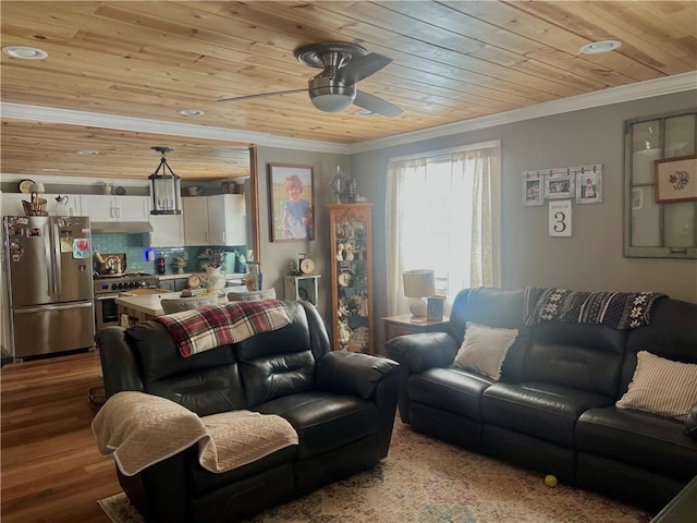 living room with ceiling fan, wood ceiling, hardwood / wood-style flooring, and ornamental molding