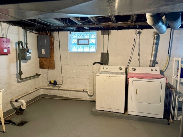 basement featuring washer and dryer and electric panel