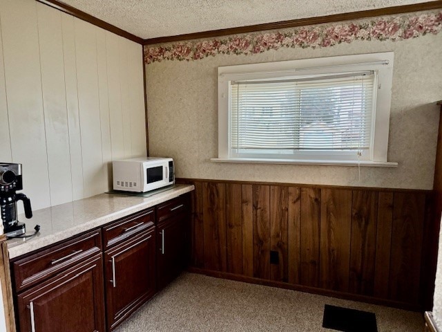 kitchen with light carpet, wood walls, a textured ceiling, and ornamental molding