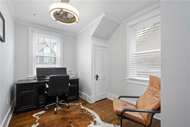 office area featuring lofted ceiling, dark hardwood / wood-style floors, and ornamental molding