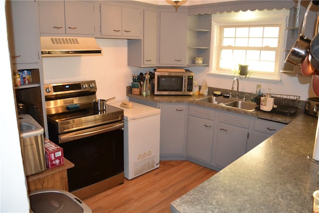 kitchen with sink, light wood-type flooring, stainless steel appliances, and exhaust hood