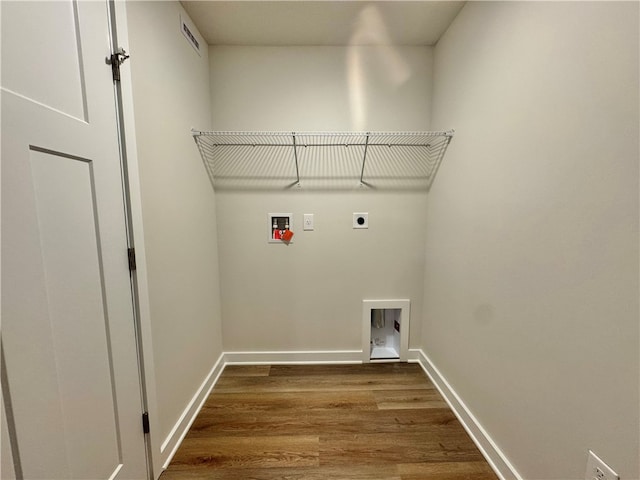 laundry room with electric dryer hookup, wood-type flooring, and hookup for a washing machine