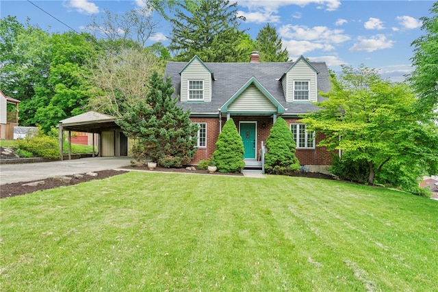 cape cod home featuring a front lawn and a carport