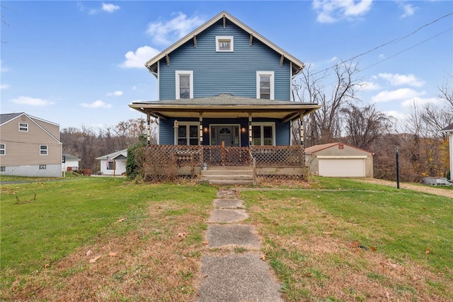 view of front of house featuring a garage, covered porch, an outdoor structure, and a front yard