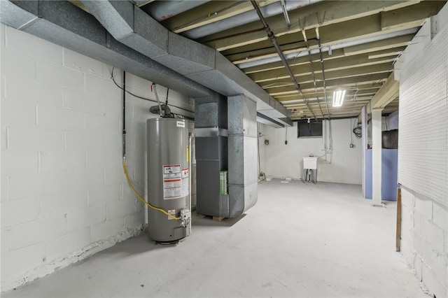 basement with heating unit and water heater