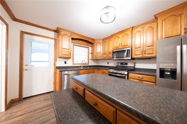 kitchen featuring appliances with stainless steel finishes, sink, ornamental molding, and wood-type flooring