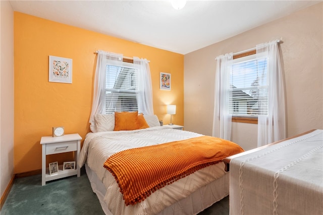 bedroom with dark colored carpet