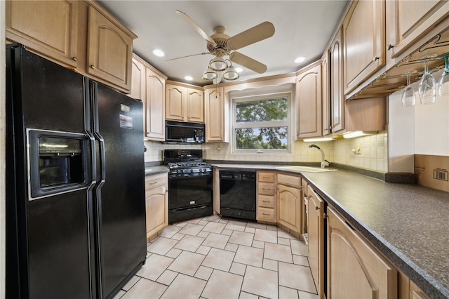 kitchen with light brown cabinets, backsplash, ceiling fan, and black appliances