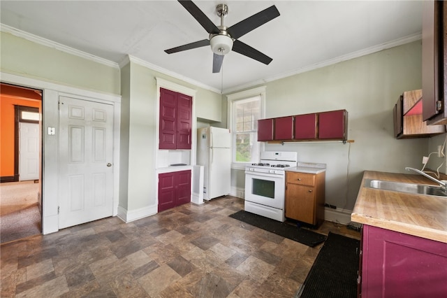 kitchen with ceiling fan, crown molding, white appliances, and sink