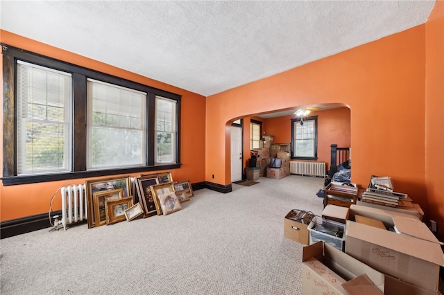 interior space featuring a wealth of natural light, a textured ceiling, and radiator