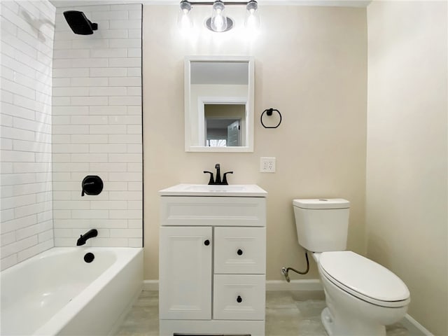 full bathroom with tile patterned flooring, tiled shower / bath combo, toilet, and vanity